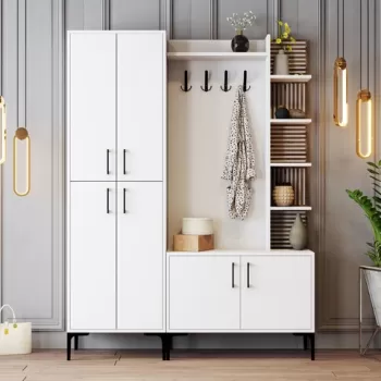 Cuier cu dulap si pantofar, Hommy Craft, Viyana DA, 150 x 35 x 200 cm, pal melaminat, alb imagine