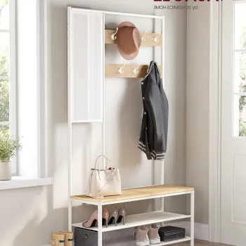 Cuier cu oglinda, bancheta si pantofar Modern Style, Vasagle, 98x35x180 cm, PAL/otel, alb/natural imagine