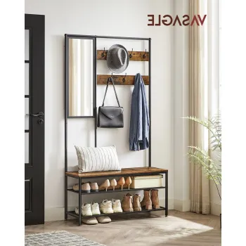 Cuier cu oglinda, bancheta si pantofar Vasagle, 98x35x180 cm, PAL/otel, maro rustic imagine