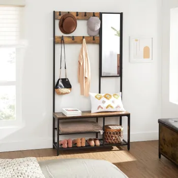 Cuier cu oglinda, bancheta si pantofar Vasagle, 98x36x185 cm, PAL/otel, maro rustic imagine