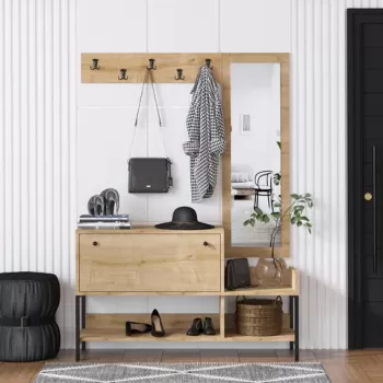 Cuier cu oglinda si pantofar Nonso, Elegance, 120x35x148.5 cm, PAL, argintiu/natural imagine