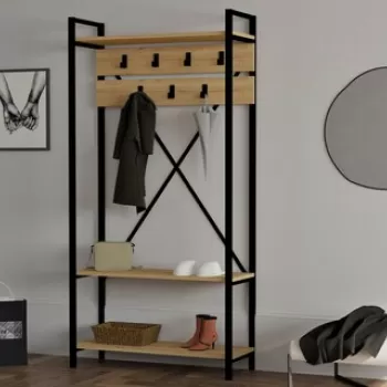 Cuier cu pantofar Alfa, Puqa Design, 90x34x180 cm, PAL, natural imagine