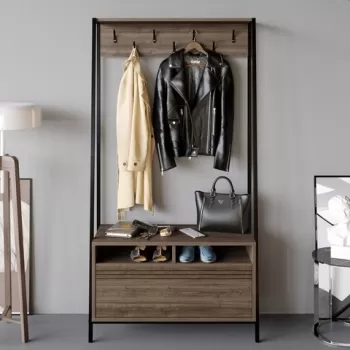 Cuier cu pantofar, Decorotika, Devin, 94 x 180 x 35.3 cm, pal melaminat, nuc/negru imagine