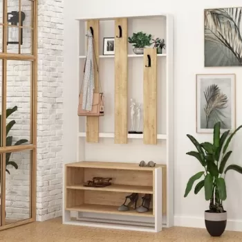 Cuier cu pantofar, Decortie, Chester, 90 x 180 x 36 cm, pal melaminat, alb/stejar imagine