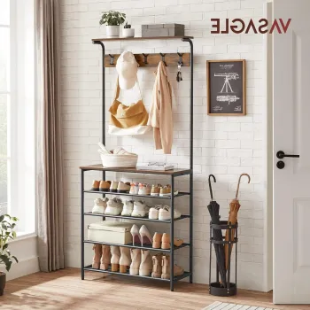 Cuier cu pantofar Industrial, Vasagle, 5 niveluri, 80x32.2x182 cm, PAL/otel, maro rustic imagine