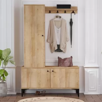 Cuier cu pantofar Lex, Elegance, 110x40x175 cm, PAL, natural/negru imagine