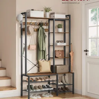 Cuier cu pantofar Vasagle, 140x120x190 cm, PAL/otel, maro rustic imagine