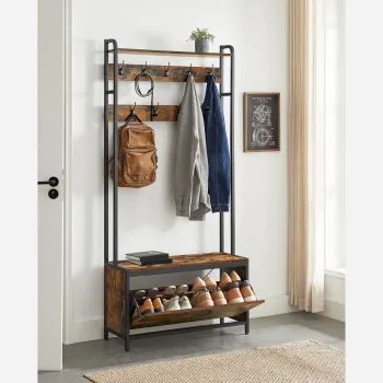 Cuier cu pantofar, Vasagle, Industrial Design, 9 agatatori, 85x30x180 cm, PAL/otel, maro imagine