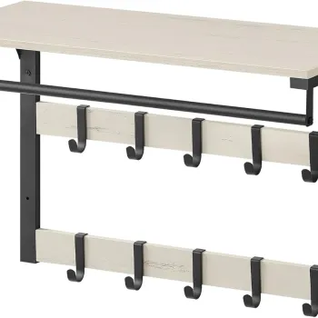 Cuier cu raft si 10 agatatori metalice, Vasagle, 65x30x42 cm, PAL/otel, alb rustic/negru imagine
