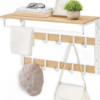 Cuier de perete cu 10 agatatori, Vasagle, 65x30x42 cm, PAL/otel, alb/natural imagine