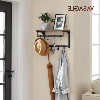 Cuier de perete cu 8 agatatori detasabile Vasagle, 40x24x24 cm, max PAL/otel, maro rustic imagine