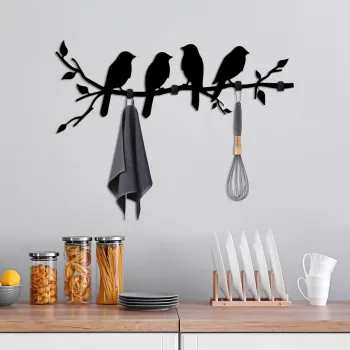 Cuier de perete, Sitting Birds, Latime: 62 cm Inaltime: 42 cm Adancime: 2 cm, Negru imagine