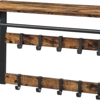 Cuier de perete, Vasagle, cu 10 agatatori detasabile, 65 x 30 x 42 cm, PAL/otel, maro rustic imagine