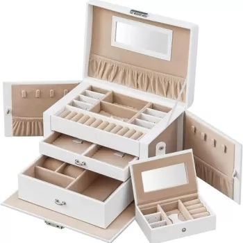 Cutie de bijuterii cu 3 etaje, sertare si oglinda Songmics, 26x18x17 cm, MDF/piele ecologica/catifea, alb imagine