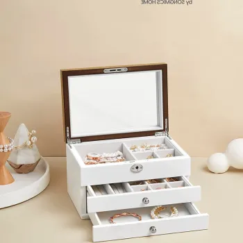 Cutie de bijuterii cu 3 etaje si oglinda, Vasagle, 25x17x15 cm, MDF/catifea, alb imagine