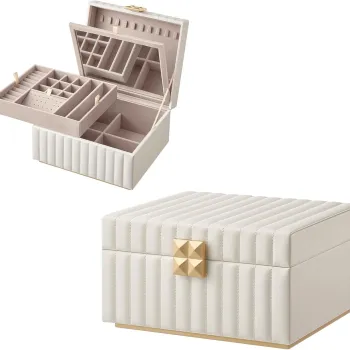 Cutie pentru bijuterii cu 2 etaje si oglinda Anah, Vasagle, 21.5x24x13.5 cm, piele ecologica/MDF, alb imagine