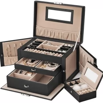 Cutie pentru bijuterii cu 2 sertare si oglinda Songmics, 26 x 17 x 18 cm, maro imagine