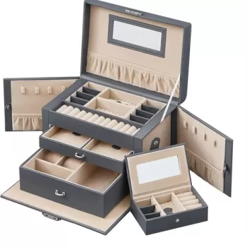 Cutie pentru bijuterii cu 3 etaje, sertare si oglinda Songmics, 26x18x17 cm, MDF/piele ecologica/catifea, gri imagine