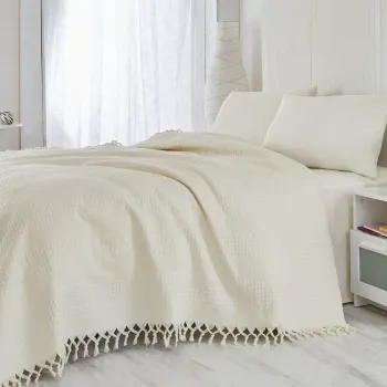 Cuvertura de pat dubla, Saheser, 120 - Cream, 220x240 cm, 100% bumbac, 340 gr/m2, crem imagine