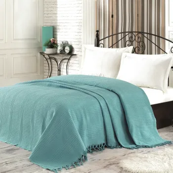 Cuvertura de pat dubla, Saheser, Peacook - Petrol Green, 220x240 cm, 100% bumbac, 340 gr/m2, verde petrol imagine