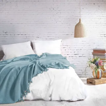 Cuvertura Double Pique, 220x240 cm, 100% bumbac, Mona, Saheser, turcoaz imagine