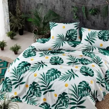 Cuvertura dubla, EnLora Home, Monstera Green, 200x235 cm, 100% bumbac, alb/verde/galben imagine