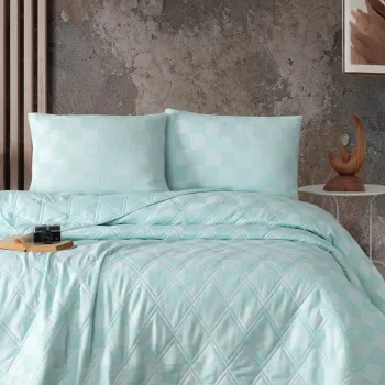 Cuvertura matlasata dubla, L'essentiel Maison, Kareli Saten, Amestec bumbac, Verde menta imagine