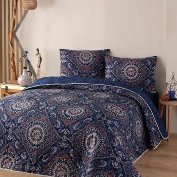 Cuvertura matlasata dubla, Varak - Dark Blue, EnLora Home, 65% bumbac/35% poliester imagine