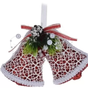 Decoratiune Bells w canvas pattern, 14.5x3.5x11 cm, poliester, rosu/alb imagine