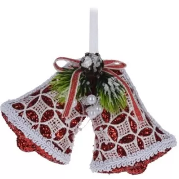 Decoratiune Bells w circle and rhombus, 14.5x3.5x11 cm, poliester, rosu/alb imagine