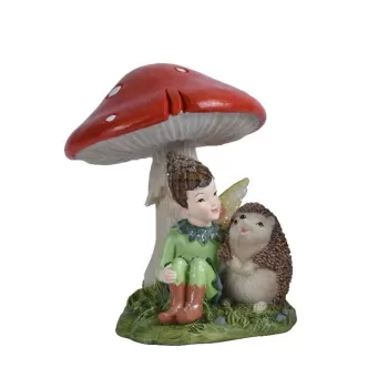 Decoratiune Boy and hedgehog under mushroom, Decoris, 14.5x12.5x15 cm, polirasina, multicolor imagine