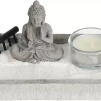 Decoratiune Buddha zen garden cu suport de lumanare, 19x10x8 cm, ciment, gri imagine