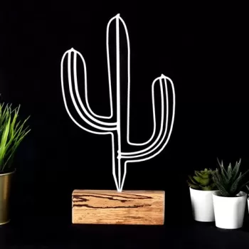 Decoratiune, Cactus, 17x37x3.5 cm, Metal, Alb imagine