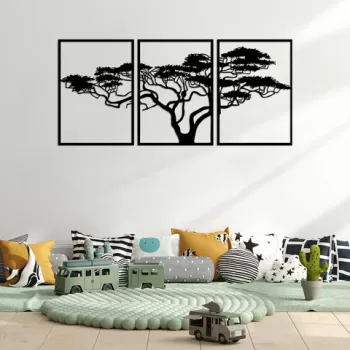 Decoratiune de perete, Acacia Tree, Metal, 50 x 70 cm, 3 piese, Negru imagine