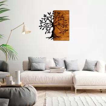 Decoratiune de perete, Agac, 50% lemn/50% metal, Dimensiune: 58 x 58 cm, Nuc / Negru imagine