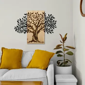 Decoratiune de perete, Arbre de Vie-1, Metal, Lemn (Grosime: 3 cm, Natural/Negru imagine