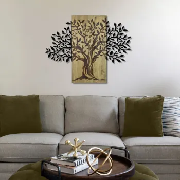 Decoratiune de perete, Arbre de Vie-2, Metal, Lemn (Grosime: 3 cm, Verde/Negru imagine