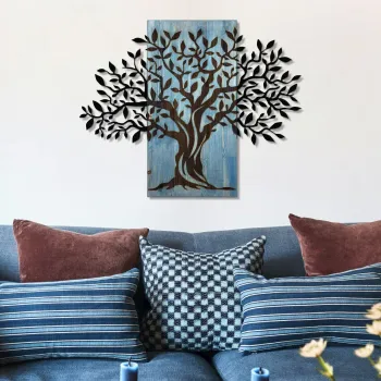 Decoratiune de perete, Arbre de Vie-3, Metal, Lemn (Grosime: 3 cm, Albastru/Negru imagine