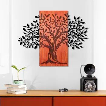 Decoratiune de perete, Arbre de Vie-4, Metal, Lemn (Grosime: 3 cm, Rosu/Negru imagine