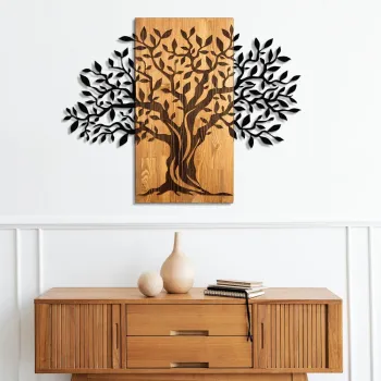 Decoratiune de perete, Arbre de Vie-5, Metal, Lemn (Grosime: 3 cm, Nuc negru imagine