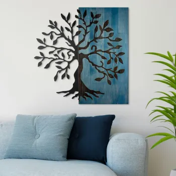 Decoratiune de perete, Aura of Nature -1, Metal, Lemn (Grosime: 3 cm, Albastru/Negru imagine