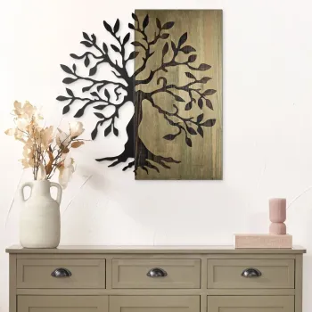 Decoratiune de perete, Aura of Nature -1, Metal, Lemn (Grosime: 3 cm, Verde/Negru imagine