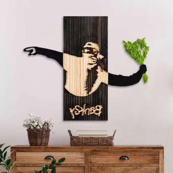 Decoratiune de perete, Banksy, Latime: 69 cm, Negru / Nuc / Verde imagine