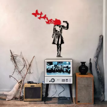 Decoratiune de perete, Banksy, Metal, Dimensiune: 66 x 51 cm, Negru/Rosu imagine