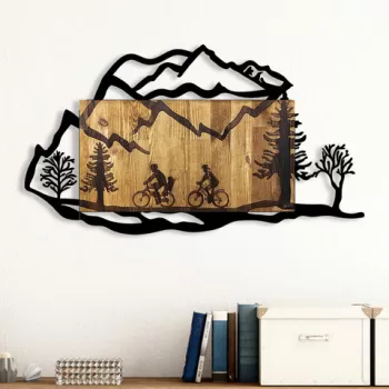 Decoratiune de perete, Bicycle Riding in Nature 2, Metal/lemn, 92 x 3 x 51 cm, Nuc / Negru imagine