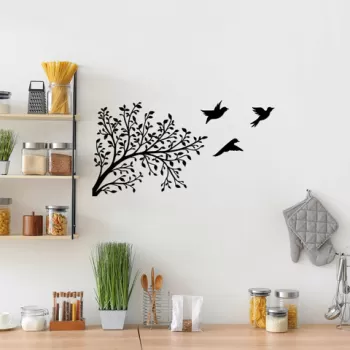Decoratiune de perete, Birds From The Branch, Metal, 70 x 37 cm, Negru imagine