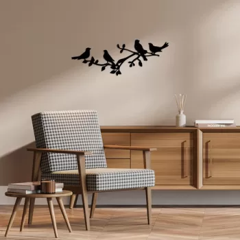 Decoratiune de perete, Birds On The Branc, Metal, 70 x 26 cm, Negru imagine