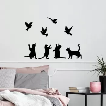 Decoratiune de perete, Birds Playing With Cats , Metal, Dimensiune: 110 x 79 cm, Negru imagine