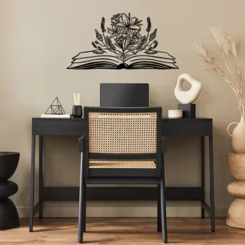 Decoratiune de perete, Book And Flower, Metal, 70 x 35 cm, Negru imagine