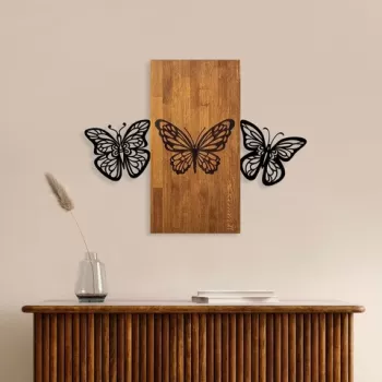 Decoratiune de perete, Butterflies 2, Lemn/metal, Dimensiune: 74 x 58 cm, Nuc / Negru imagine